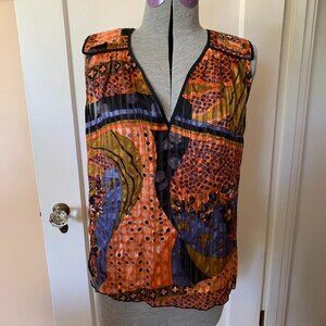 Of Two Minds Silk Abstract Print Sleeveless V-Neck Blouse Orange Blue Small